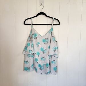 Torrid White Blue Floral Roses Tiered Flowy Tank Top Sleeveless Strappy Office